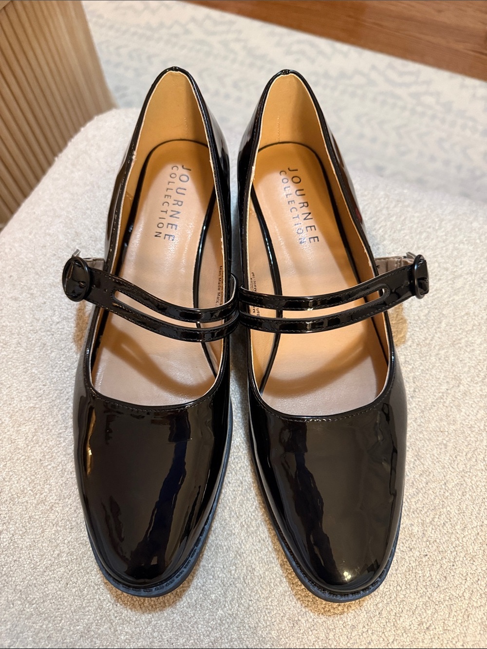 Journee Collection Black Patent Double-Strap Mary Jane Flats with small heel